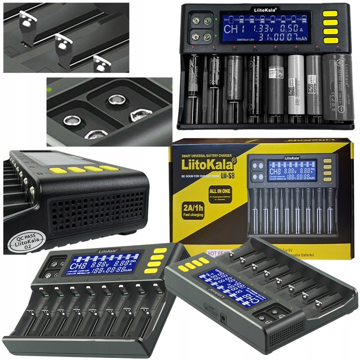 Incarcator Universal Acumulatori, LiitoKala, LII-S8, 8 Canale + 2x 9V, Ecran LCD, Incarcare Rapida 2A, Li-Ion Ni-MH LiFePO4, Identificare Automata, Eficient