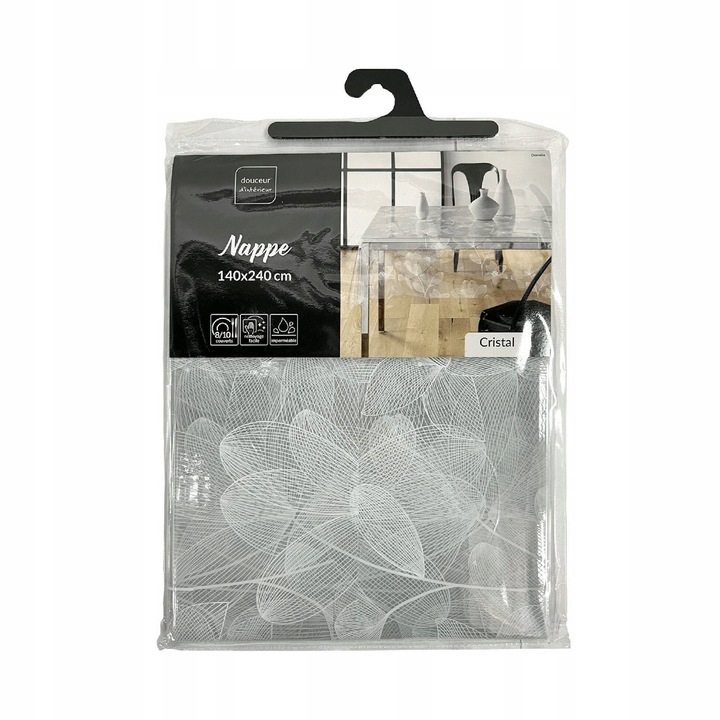 Átlátszó téglalap alakú PVC terítő 240x140cm, 100% PVC, fehér levél mintával