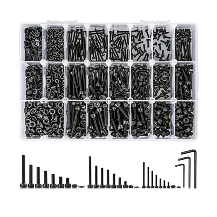 Kit de asortiment 1.260 bouloni metrice M2, 21 dimensiuni, ecusoane hexagonale, negru, metal