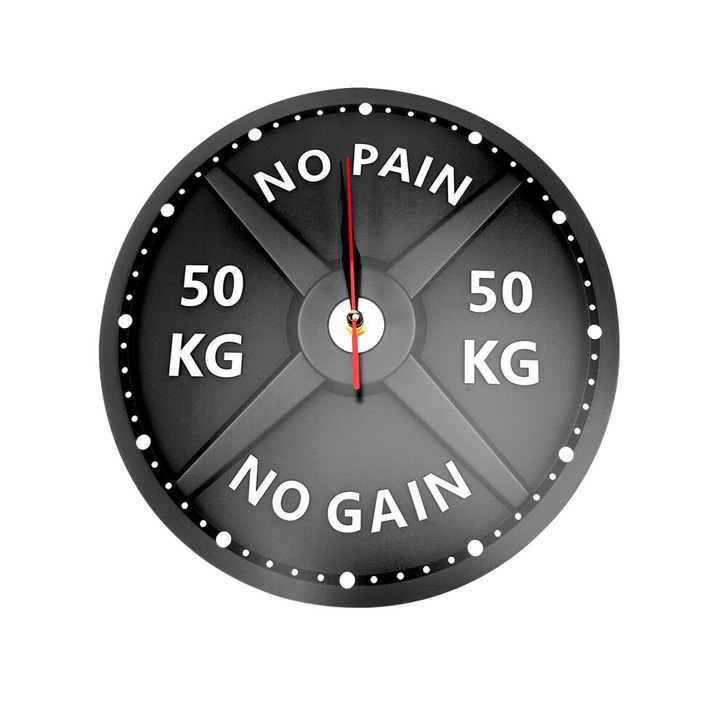 Ceas decorativ circular din acril, imprimeu haltere 50 kg, negru, 30x30x3cm