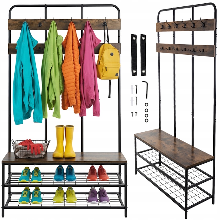 Cuier metalic Ruhhy cu rafturi, negru, pentru haine, tip stand, pentru hol