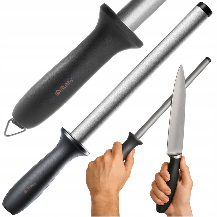 RUHHY gyémánt késélező, élezőkő, rozsdamentes acél rúd, 30 cm-es élezőelem, gyémánt felület, ergonomikus csúszásgátló fogantyú, szürke, 1 db