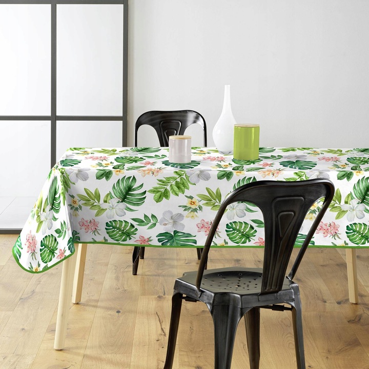 Téglalap alakú terítő, 140x240cm, zöld, Monstera mintás, 100% PVC