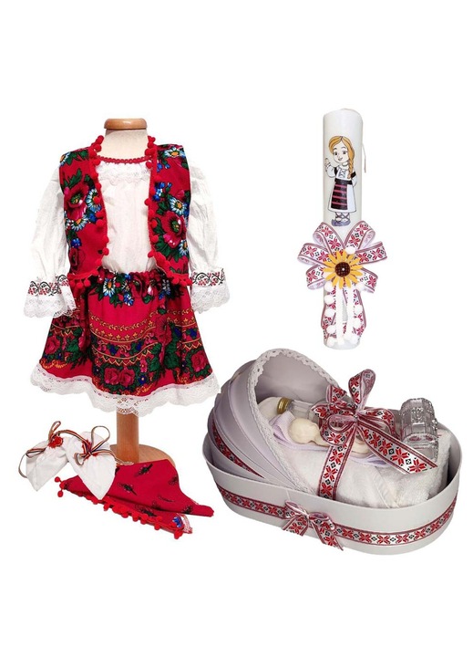 Set botez traditional fete – costum popular, trusou botez si lumanare decorata cu modele nationale romanesti, 9-12 luni, Denikos® PT10