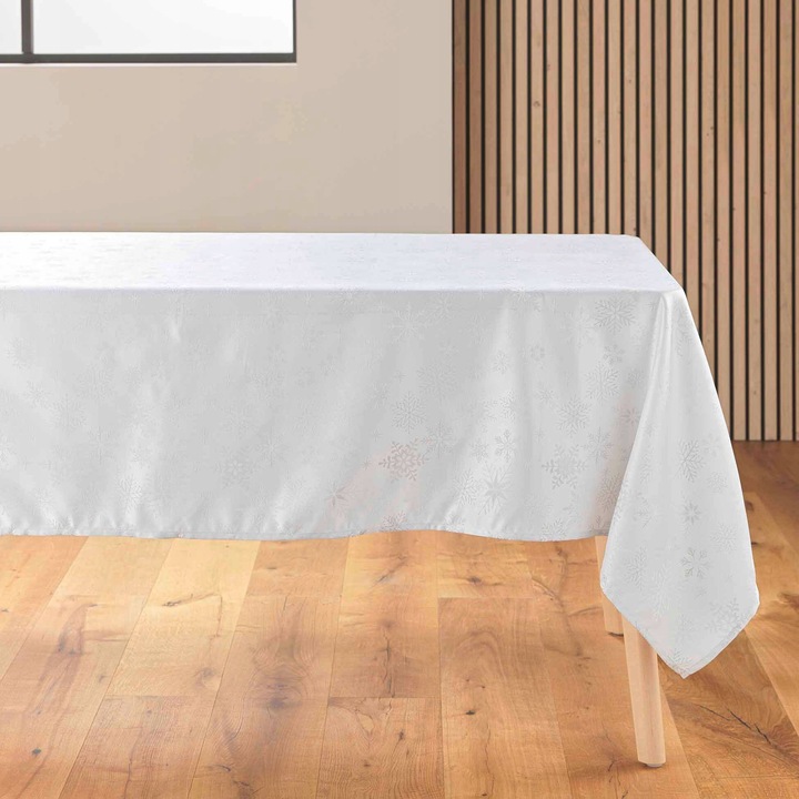 FLOCONS fehér poliészter ünnepi abrosz 140x300cm, szett ünnepi asztalokhoz