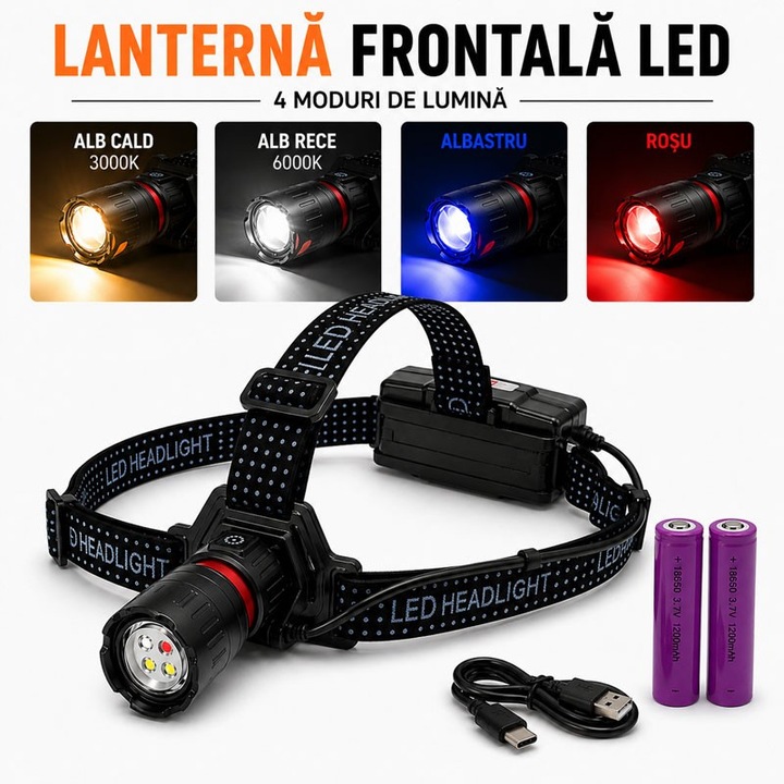 Фар за лов LED 4 цвята USB-C увеличение 18650