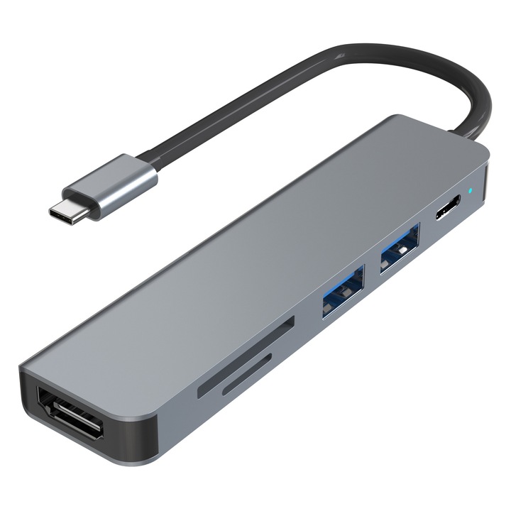Dokkolóállomás USB C 6 az 1-ben, 4k HDMI, 1x Display Port, 2x USB3.0, 1x TypeC adatport, 1x TypeC PD port, 1x AUX port