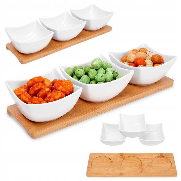 Set 3 boluri din portelan cu tava din bambus, Excellent Houseware, alb, 30x10x6cm