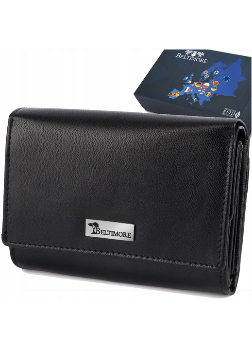 Portofel din piele, Beltimore, mediu, negru, cu protectie RFiD, 10x13x4,5cm, set cu cutie eleganta