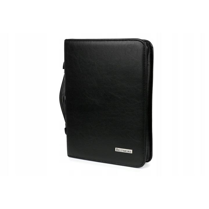 Servieta barbati, Beltimore, din piele ecologica, organizare interioara excelenta, culoare neagra, dimensiuni 26x34,5x5cm