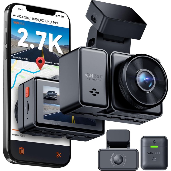 VANTRUE E2 Dual 2.7K + 2.7K autós kamera, WDR éjjellátó, WiFi 5GHz, GPS, hangvezérlés, távirányító, parkolási mód puffer, max. 512GB