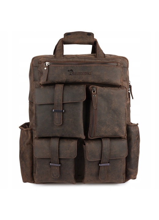 Rucsac din piele pentru laptop 15,6", maroniu, capacitate 20 litri, set organizare compartimente, Beltimore