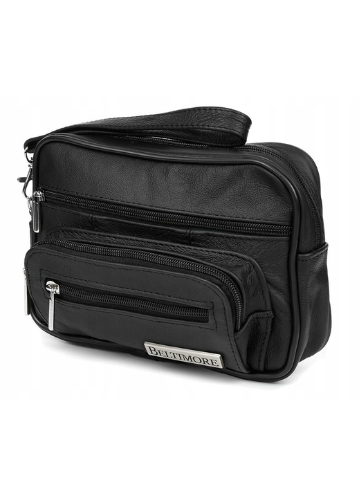 Servieta barbati din piele naturala, Beltimore, 3 compartimente, culoare neagra, 21x15x5cm