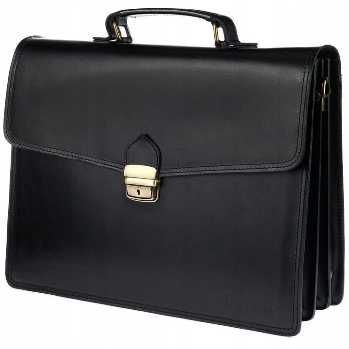 Servieta din piele, Beltimore, mare, A4, 3 compartimente, culoare neagra, 27x39x12cm