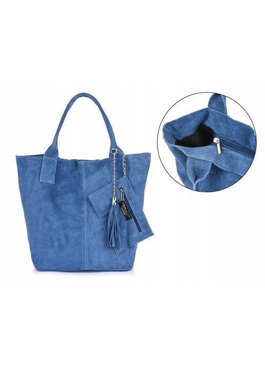 Geanta dama shopper din piele naturala, Vera Pelle, mare, albastra, cu 2 compartimente, 35x25x18cm