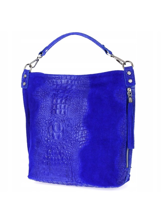 Geanta shopper din piele naturala albastra, Beltimore, cu detalii din piele de crocodil, dimensiuni 40x15x33cm, capacitate A4