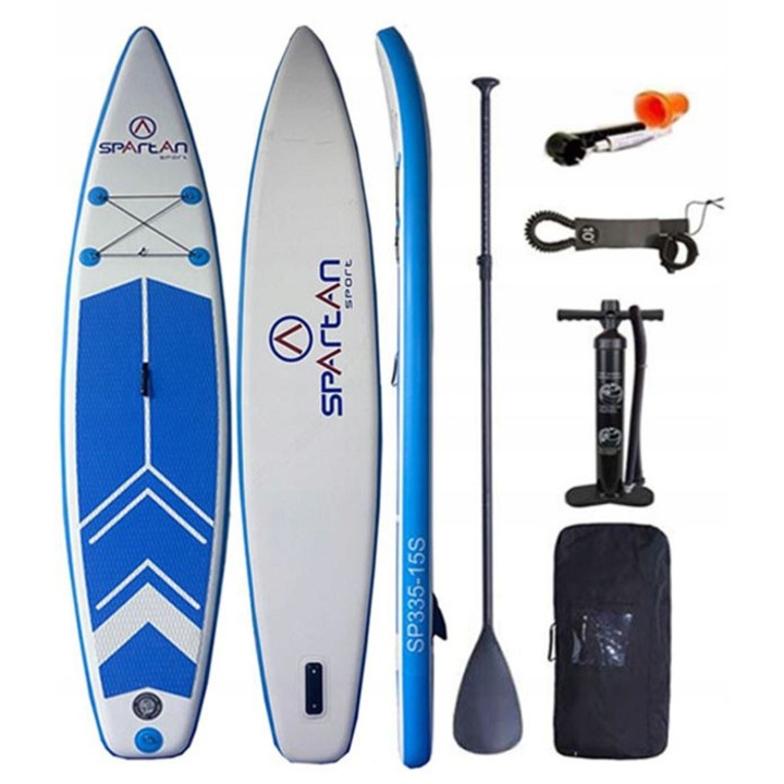 SUP дъска Spartan 335x71x15cm, 140кг, комплект с гребло, помпа и чанта за носене, синьо/бяло