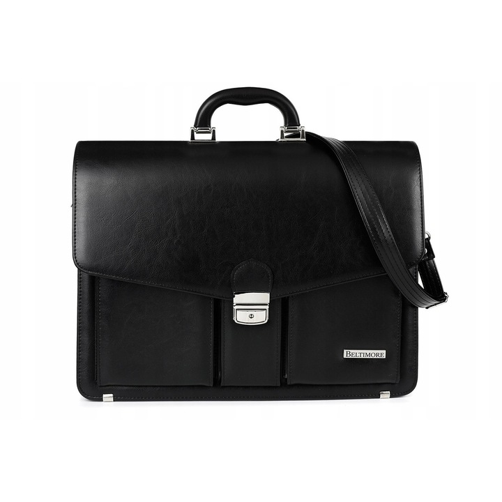 Servieta eleganta pentru barbati, Beltimore, din piele ecologica, cu 2 compartimente, neagra, 35x45x15cm