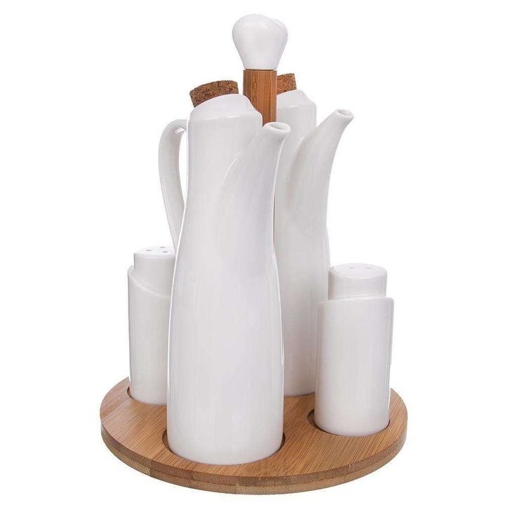 Set 5 piese, Suport pentru condimente Orion, din portelan si bambus, dozatoare ulei/otet 300ml, recipiente sare/piper 100ml, Alb/natural