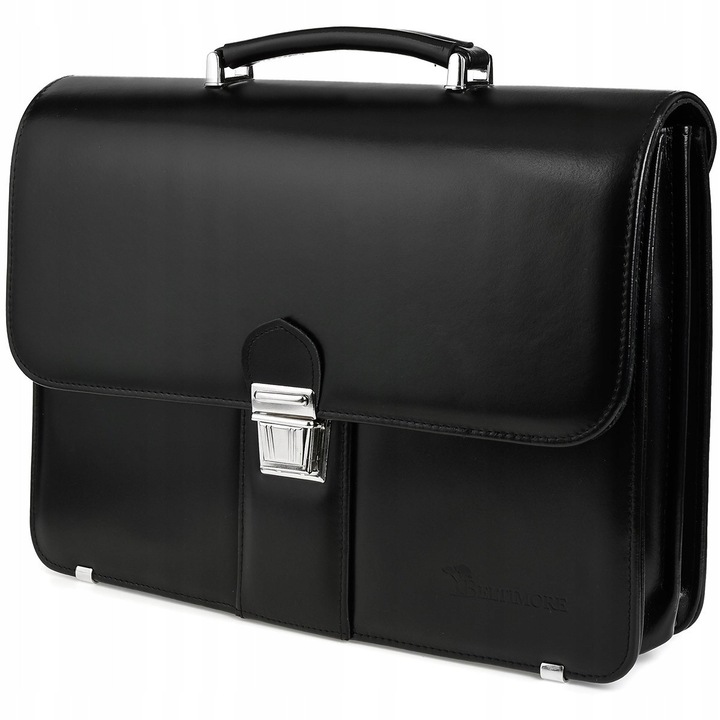 Servieta din piele pentru barbati Beltimore, neagra, cu 3 compartimente, pentru laptop 15,6" si documente A4