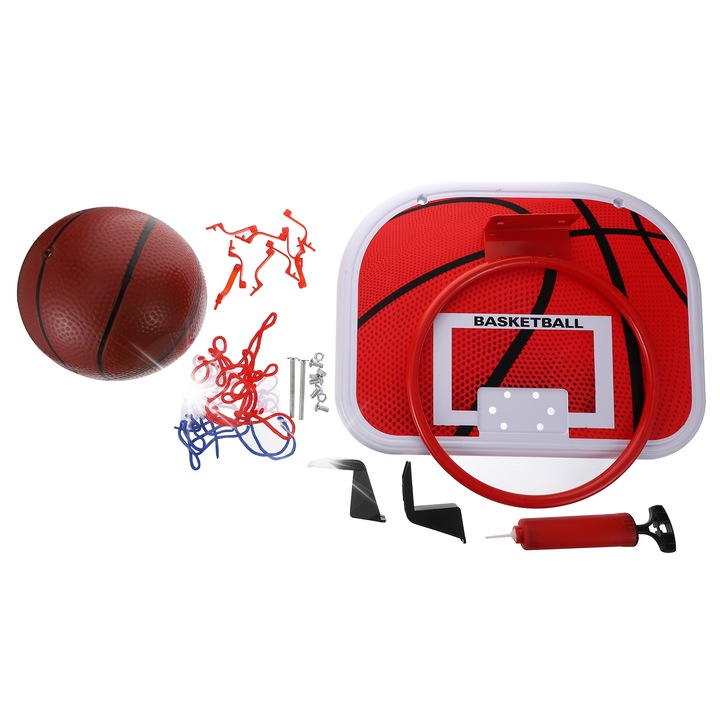 Set mini baschet copii, panou plastic, cerc metalic, rosu, 38x29x1cm