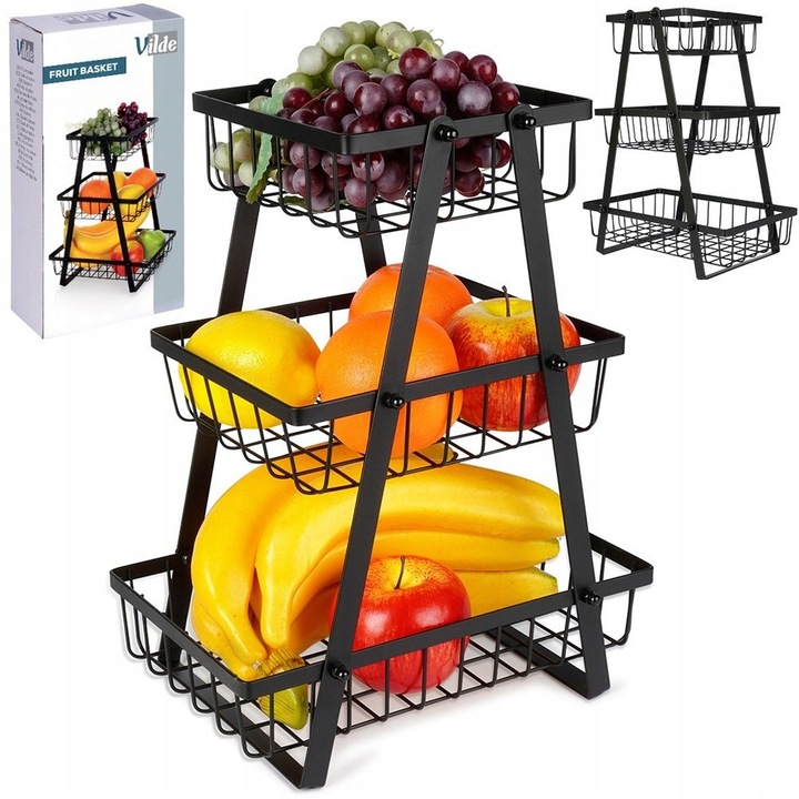 Cos fructe Vilde 3 niveluri metal negru 28x17.5x34.5cm