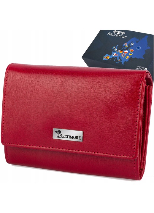 Portofel din piele rosu, mediu, cu protectie RFiD, organizare interioara eficienta, set cu cutie eleganta