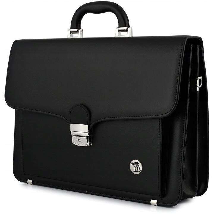 Servieta barbati, Beltimore, din piele ecologica, 3 compartimente, neagra, 40x28x10cm