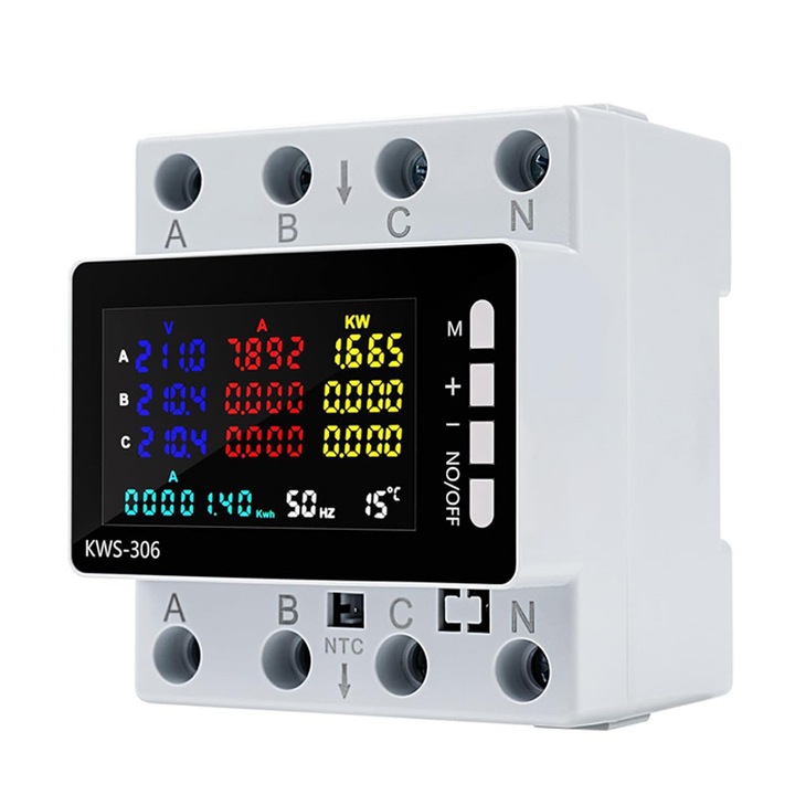 Releu Protectie Trifazat, Duueyct, Subtensiune, Suprasarcina si Supracurent 3P+N, Voltmetru, Ampermetru, 290 V, 1-80A, Digital and Color, Senzor Temperatura, Recuperare Automata, Alb