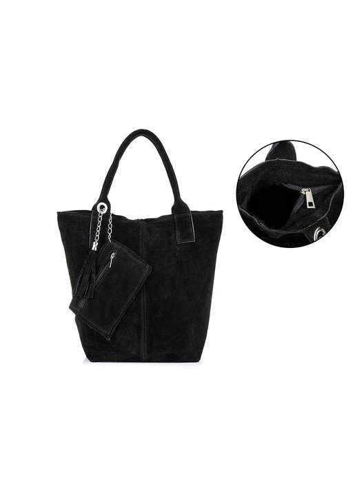 Geanta shopper din piele naturala, Vera Pelle, mare, cu 2 compartimente, culoare bej, dimensiuni 35x25x18cm, include poseta mica.