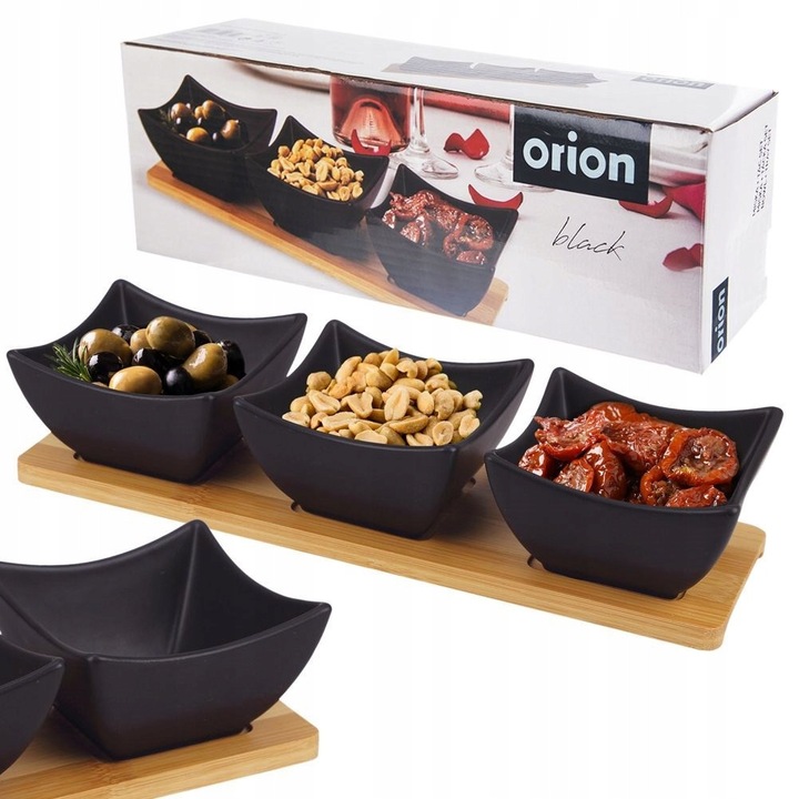 Set boluri pentru gustari, Orion, 3 piese, portelan negru, 31,5x10x6,5cm