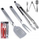 Set ustensile gratar BBQ, spatula 43,5cm, cleste 47cm, furculita 40,5cm, inox, argintiu