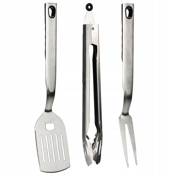 Set ustensile gratar BBQ, spatula 43,5cm, cleste 47cm, furculita 40,5cm, inox, argintiu