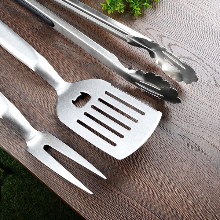 Set ustensile gratar BBQ, spatula 43,5cm, cleste 47cm, furculita 40,5cm, inox, argintiu
