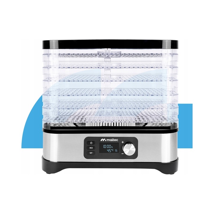 Maltec élelmiszer-aszaló, 6 tálca, 450W, 14.4L kapacitás, 35-70C hőmérséklet-szabályozás, modern design, fekete-ezüst