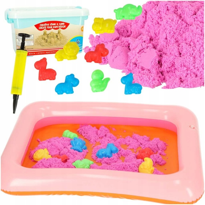 Kinetikus homok szett 1 kg, 8 műanyag forma, pumpa, felfújható medence, 56x40cm