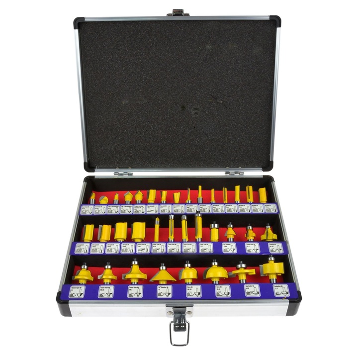 Set freze pentru lemn 35 buc, Geko, 8 mm, diverse forme, cutite din HSS/otel rapid