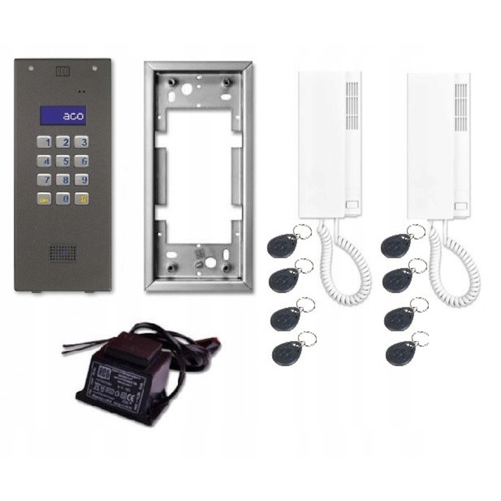 Set interfon ACO CDNP7ACC, 2 locatari, 2 unifonuri, 8 brelocuri, 12V, 229x200mm, negru