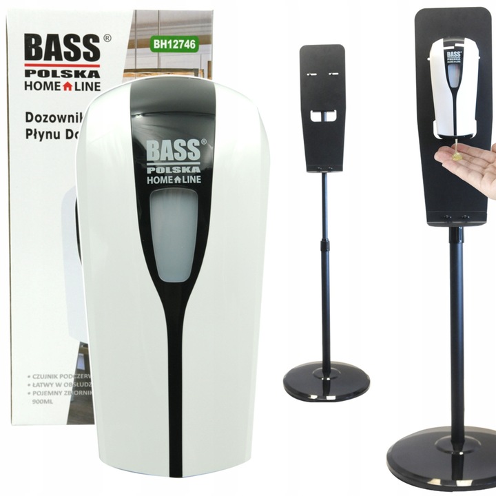 Automata fertőtlenítő adagoló, Bass, 900ml, fekete, állítható állvánnyal