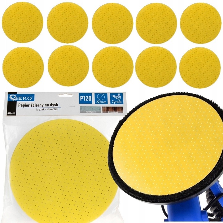 Discuri abrazive Geko 225mm P120, set 10 bucati, pentru slefuit gips si lemn