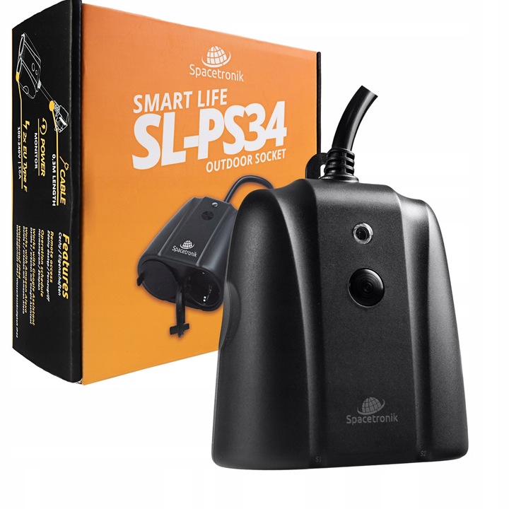 Умен външен разклонител Spacetronik SL-PS34, 2 контакта, WiFi Bluetooth, IP44, 101x107x53mm