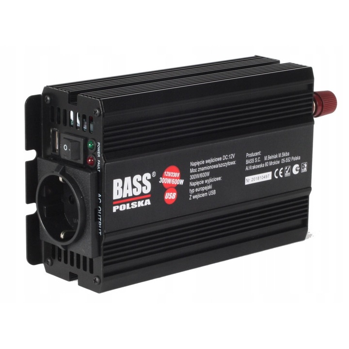 Bass autó inverter 12V/230V 600W, tiszta szinuszos, túlterhelés elleni védelem, 5V USB