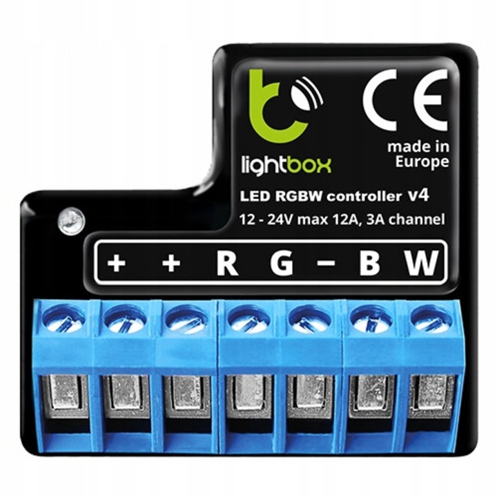 Контролер за LED осветление, LED контролер Blebox lightBox, Bluetooth Low Energy 4.0, 12-24V DC, 4 PWM канала 3A/канал (общо 12A), Черен, 39x33x20 мм