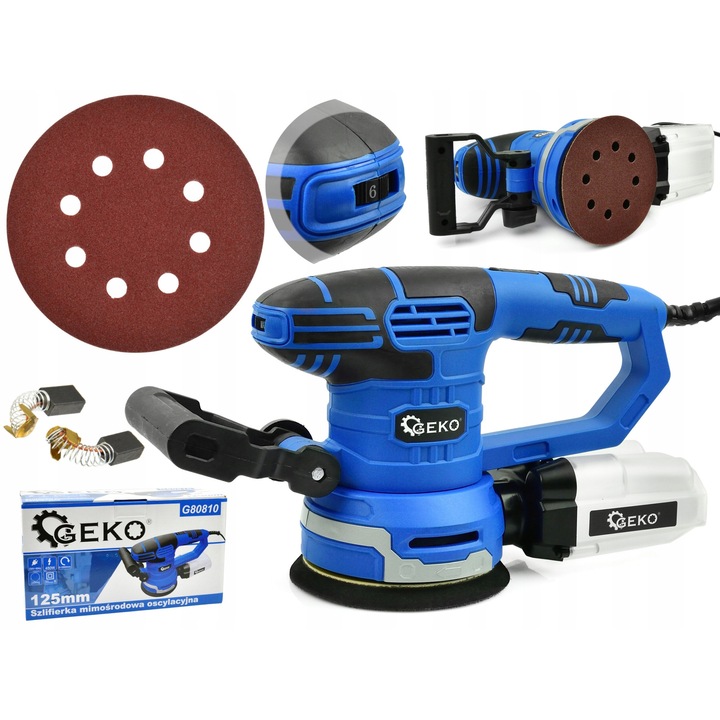 Geko csiszoló 125mm, 450W, 0-13000rpm, porelszívó funkcióval, készlet