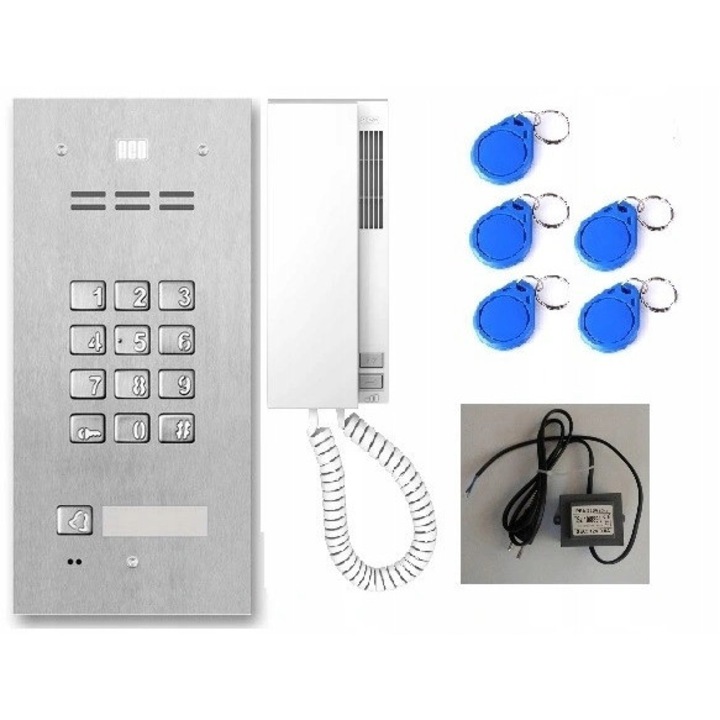 Interfon ACO FAM-P-1NPZSACC-NT cu tastatura numerica si cititor brelocuri 125 kHz, montaj aparent, otel inoxidabil, set panou + unifon + alimentator + 5 brelocuri