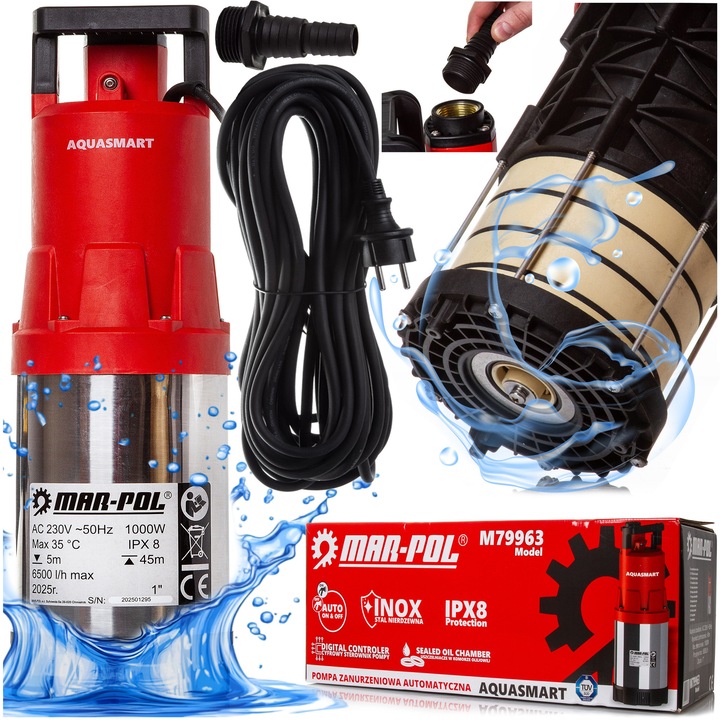 Mar-Pol AQUASMART M79963 merülő szivattyú, esővíz szivattyú, automatikus Multi Auto, 110 l/perc, 45 m, piros/rozsdamentes acél, 1 db