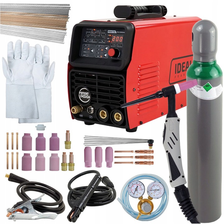 Set aparat de sudura TIG Praktik 200 AC/DC Puls, 200A, 230V, cu butelie 8l, accesorii incluse