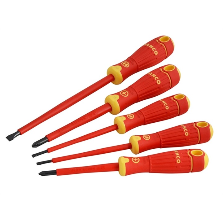 Комплект от 5 изолирани VDE отвертки Bahco, PZ и PL, размери 3.0x75mm, 4.0x100mm, 5.5x125mm, 1000V