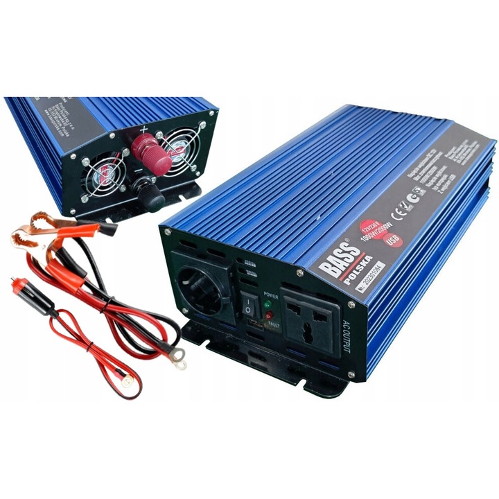 Bass autó inverterek 12V-230V 1000/2000W, tiszta szinuszos, 28x16,5x8,5cm