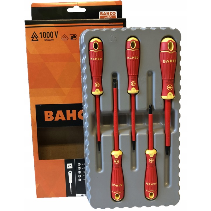Комплект 5 изолирани VDE отвертки Bahco, 3.0x75mm, 4.0x100mm, 5.5x125mm, многоцветни